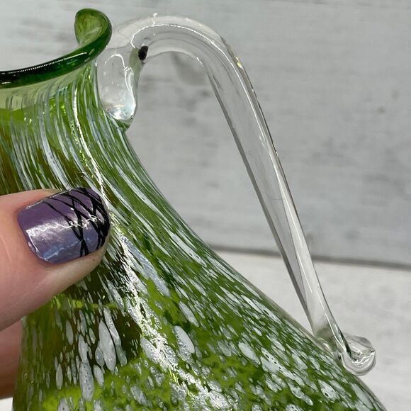 Vintage Green & White Speckled Hand Blown Mini Glass Pitcher Applied Handle - Picture 5 of 9